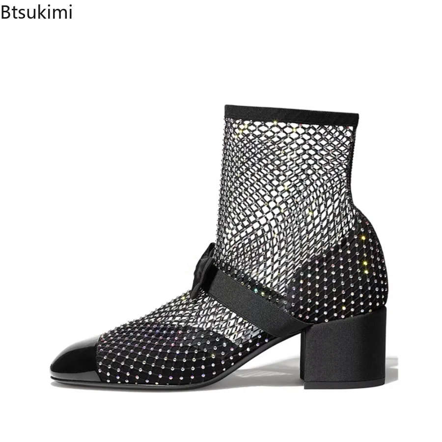 New 2025 Hollow Out Black Lace Mesh Bowtie Crystal Sock Boots for Women Chunky Mid Heeled Round Toe Knee High Boots Prom Shoes 
New 2025 Hollow Out Black Lace Mesh Bowtie Crystal Sock Boots for Women Chunky Mid Heeled Round Toe Knee High Boots Prom Shoes