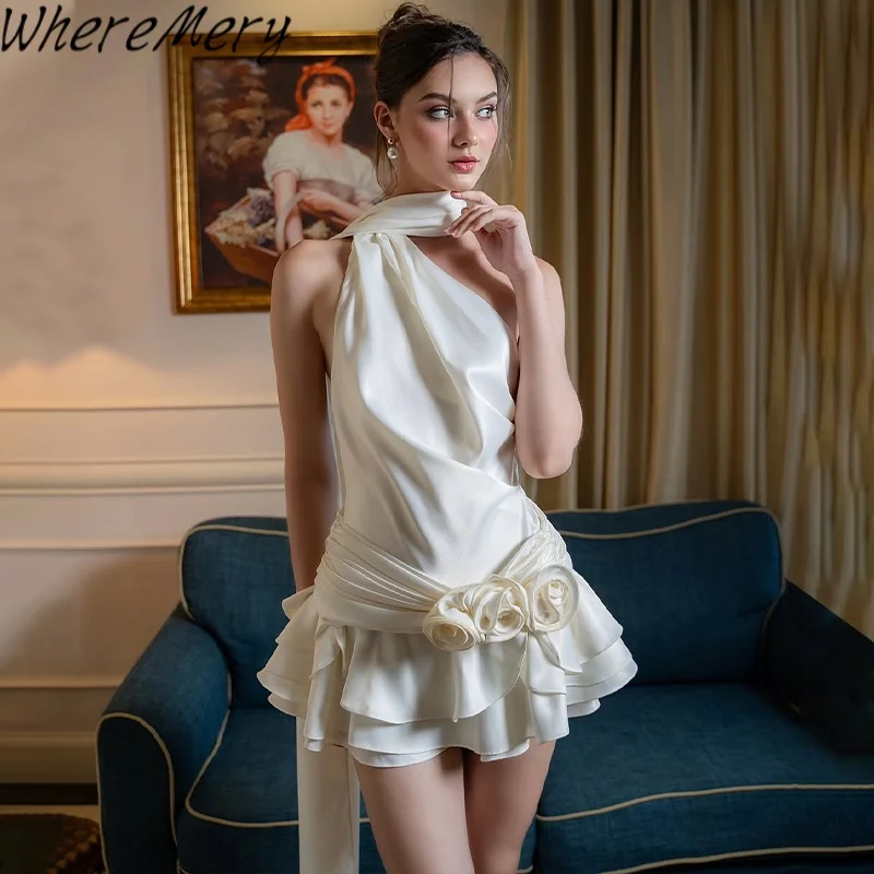 WhereMery Sexy Satin Backless 3D Flowers Women Dresses White Halter A-line Dress Female Spring Slim Elegant Party Beach Vestidos
WhereMery Sexy Satin Backless 3D Flowers Women Dresses White Halter A-line Dress Female Spring Slim Elegant Party Beach Vestidos