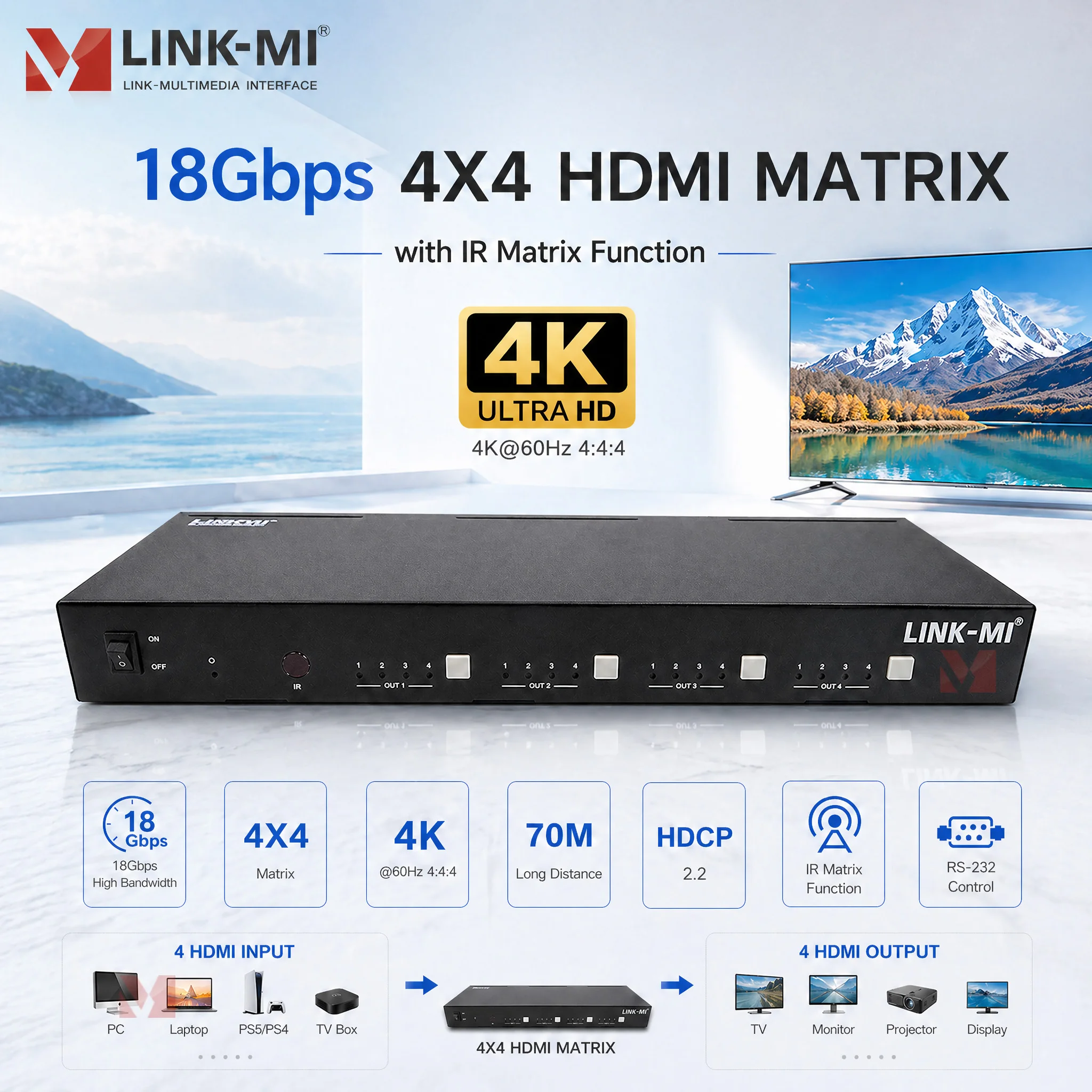 4x4 HDMI Matrix 70m 4K60Hz 4:4:4 Over RJ45 Ethernet Cat6 Cable HDMI 2.0b Matrix Switch with IR RS232
4x4 HDMI Matrix 70m 4K60Hz 4:4:4 Over RJ45 Ethernet Cat6 Cable HDMI 2.0b Matrix Switch with IR RS232