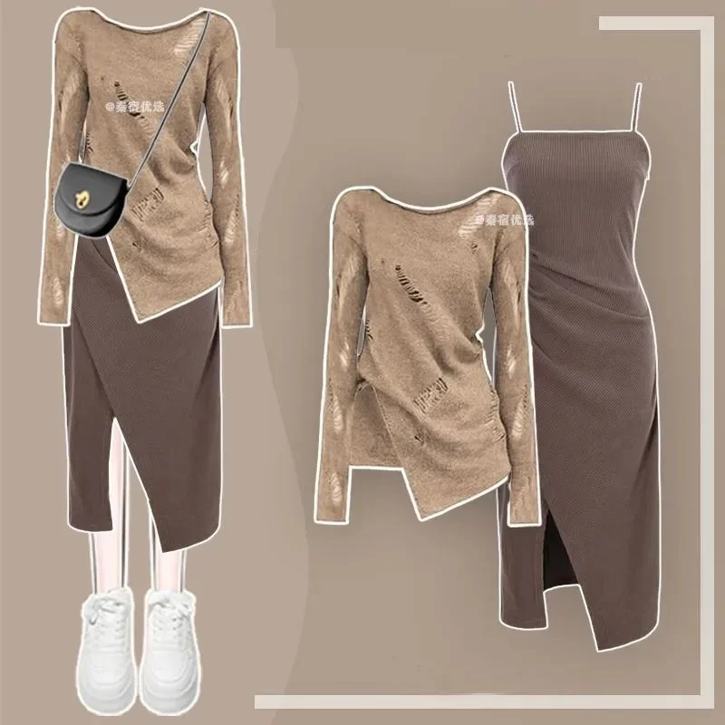 Women's Autumn Winter New Fashion Dress Matching Set Korean Elegant Irregular Hole Long Sleeved Top+Strap Skirt Two-piece Suit
Women's Autumn Winter New Fashion Dress Matching Set Korean Elegant Irregular Hole Long Sleeved Top+Strap Skirt Two-piece Suit