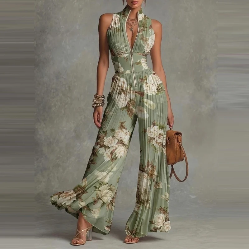 Elegant Stand Collar Zipper Long Jumpsuits Women's Casual Sleeveless Draped Party Rompers Fashion Printed Waist Summer Playsuits
Elegant Stand Collar Zipper Long Jumpsuits Women's Casual Sleeveless Draped Party Rompers Fashion Printed Waist Summer Playsuits