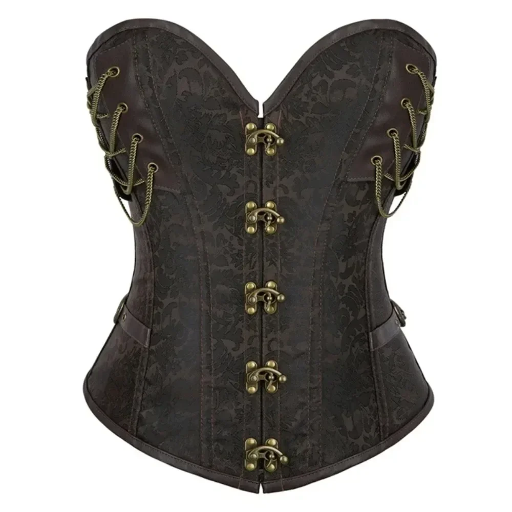 Women Waist Trainer Brocade Corselet Steampunk Faux Leather Studded Overbust Corset Brown Gothic Bustier Clubwear Bustiyer
Women Waist Trainer Brocade Corselet Steampunk Faux Leather Studded Overbust Corset Brown Gothic Bustier Clubwear Bustiyer