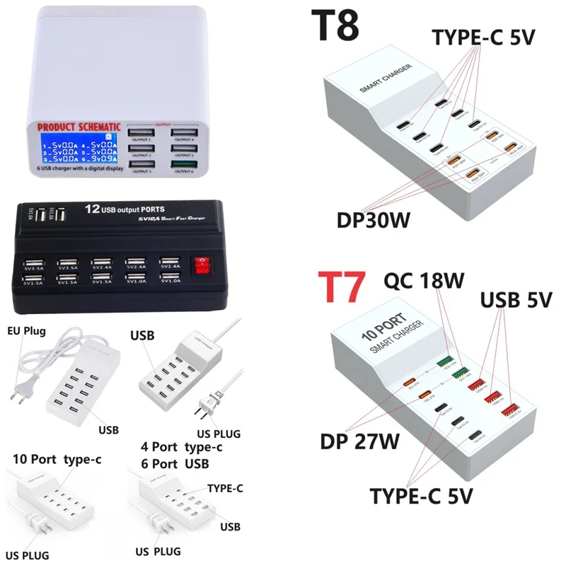 72W 50W 10-Ports USB C 5V DP 18W QC Charging Station type-c Charger Multi Port USB Hub phone Charger Charging Extension Socket
72W 50W 10-Ports USB C 5V DP 18W QC Charging Station type-c Charger Multi Port USB Hub phone Charger Charging Extension Socket
