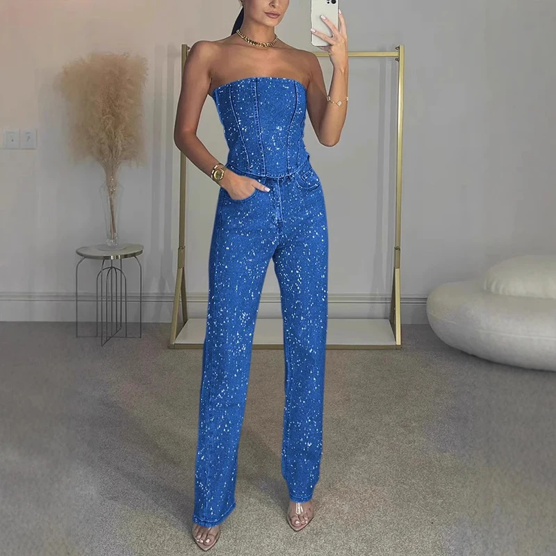 Casual Backless Pocket Solid 2Pc Suits Sexy Strapless Sleeveless Tops & Long Pant Set Women Elegant Shiny Diamond Party Outfits
Casual Backless Pocket Solid 2Pc Suits Sexy Strapless Sleeveless Tops & Long Pant Set Women Elegant Shiny Diamond Party Outfits