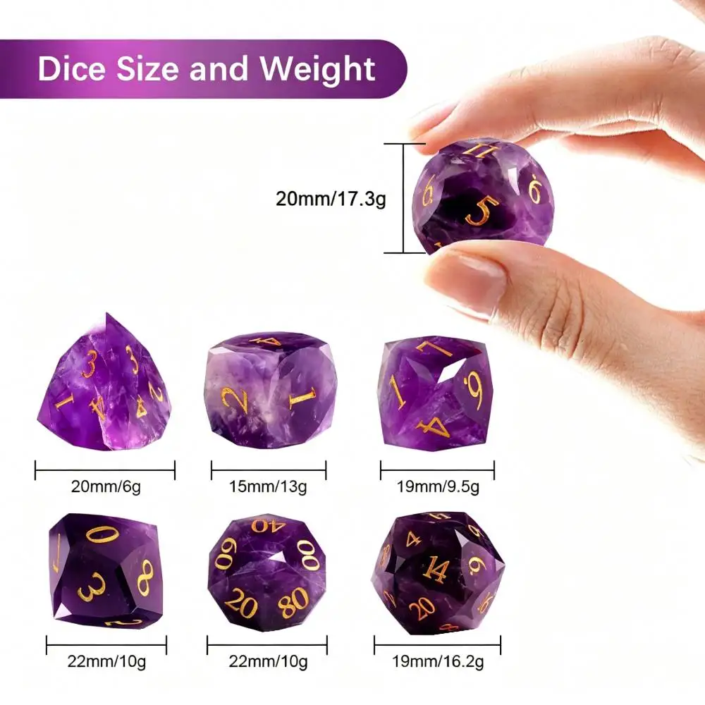 Multi Facet Amethyst Dice D&D Dices for Dungeons & Dragons Board Game Natural Stone Dice DND RPG Cube Role playing games Player
Multi Facet Amethyst Dice D&D Dices for Dungeons & Dragons Board Game Natural Stone Dice DND RPG Cube Role playing games Player