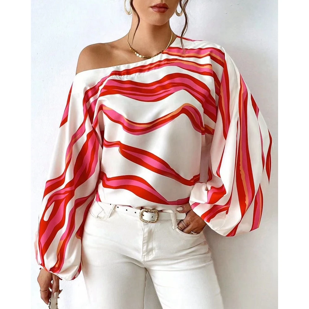 One Shoulder Lantern Sleeve Loose Top Fashion Women Casual Striped Print Long Sleeve Summer Sexy Elegant New In Blouse
One Shoulder Lantern Sleeve Loose Top Fashion Women Casual Striped Print Long Sleeve Summer Sexy Elegant New In Blouse