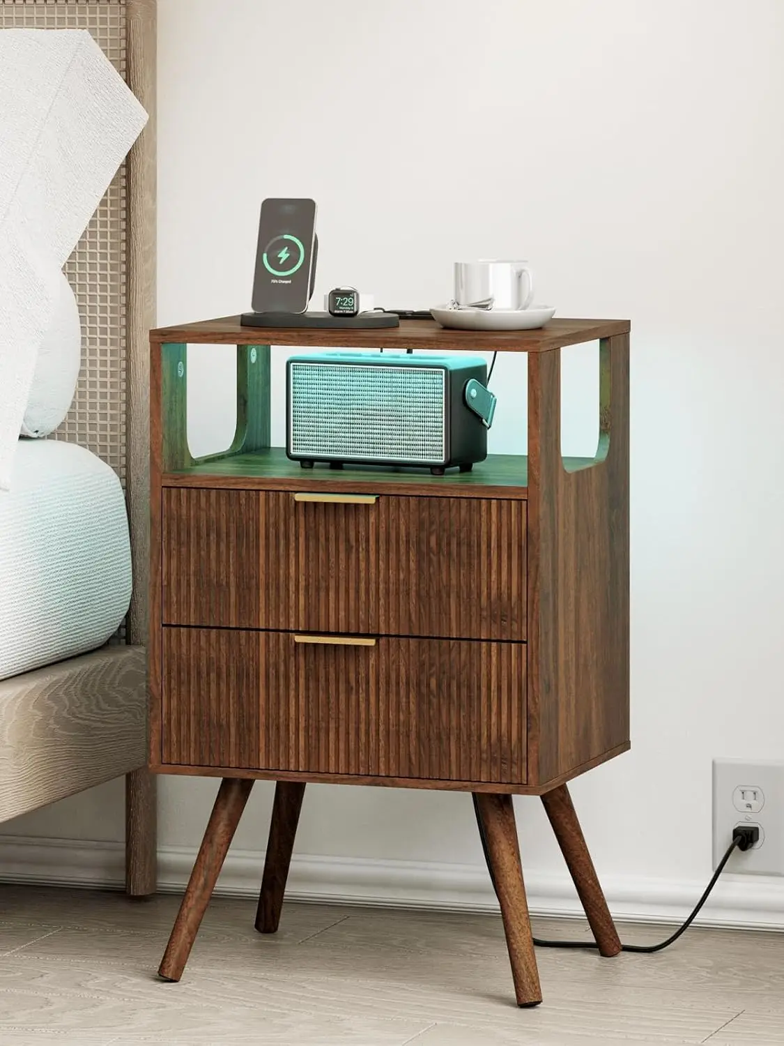 LED Nightstand with Charging Station, 2 Drawer Bedside Table with Open Shelf, Solid Wood Legs for Bedroom
LED Nightstand with Charging Station, 2 Drawer Bedside Table with Open Shelf, Solid Wood Legs for Bedroom