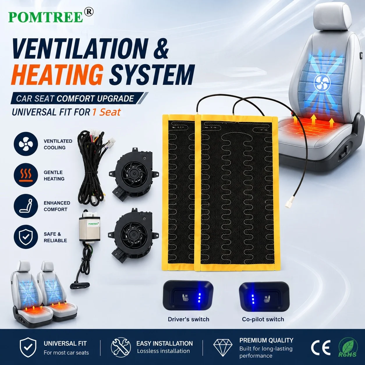 12V Universal Built-in Car Seat Ventilation Cooling And Heating Kit Fit 1 Seat,With 2 Fans & 3-level Driver's/Co-pilot Switch
12V Universal Built-in Car Seat Ventilation Cooling And Heating Kit Fit 1 Seat,With 2 Fans & 3-level Driver's/Co-pilot Switch