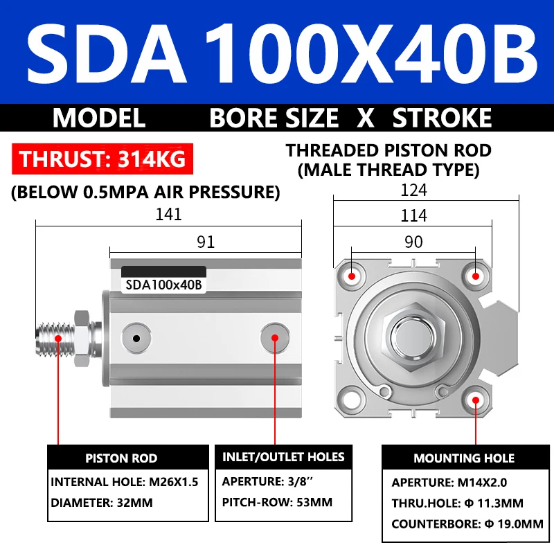 ABILKEEN SDA100X40B SDA Series Thin Air Cylinder 100MM Male Thread Bore X 40MM Stroke Double Acting Pneumatic Compact Cylinder
ABILKEEN SDA100X40B SDA Series Thin Air Cylinder 100MM Male Thread Bore X 40MM Stroke Double Acting Pneumatic Compact Cylinder