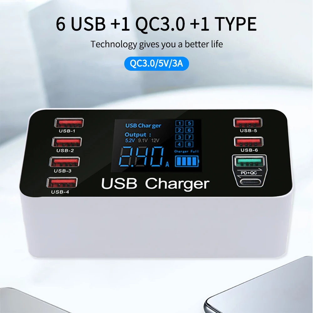 USB Charger Station Quick Charger 3.0 Smart LED Digital display 40W 8-port Multi USB Type C PD Charger Fast Charging Station HUB
USB Charger Station Quick Charger 3.0 Smart LED Digital display 40W 8-port Multi USB Type C PD Charger Fast Charging Station HUB