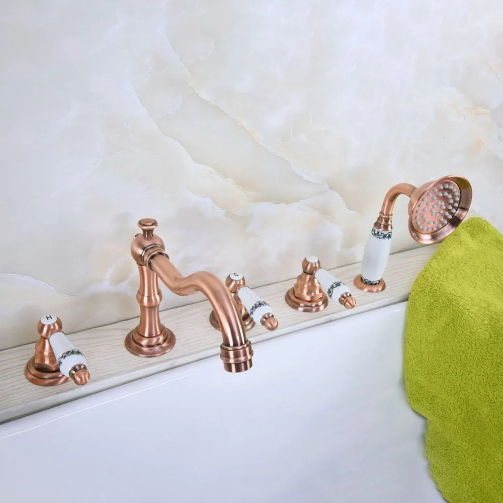 Antique Red Copper Five Hole Deck Mount Bathroom Tub Faucet Set with Handheld Shower Spray Head Mixer Tap Dtf224
Antique Red Copper Five Hole Deck Mount Bathroom Tub Faucet Set with Handheld Shower Spray Head Mixer Tap Dtf224