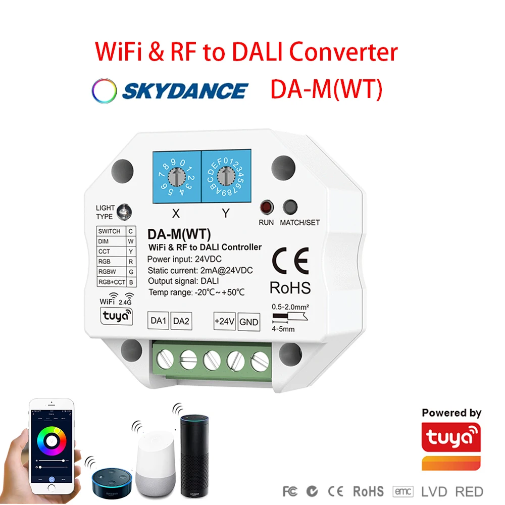 Skydance DA-M(WT) WiFi+ 2.4GHzRF DALI Converter Tuya APP Control Dim For Single/Double Color RGB RGBW RGB+CCT Strip Controller
Skydance DA-M(WT) WiFi+ 2.4GHzRF DALI Converter Tuya APP Control Dim For Single/Double Color RGB RGBW RGB+CCT Strip Controller