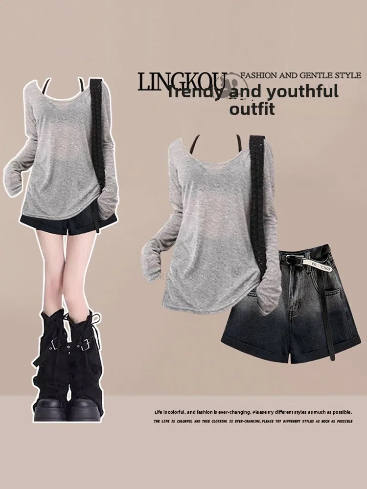 plus Size Summer Knitted Set Women's Faion Top Slimming Strap with Hot Girl Denim orts Tee Piece Set round Ne Long Sl...
plus Size Summer Knitted Set Women's Faion Top Slimming Strap with Hot Girl Denim orts Tee Piece Set round Ne Long Sl...