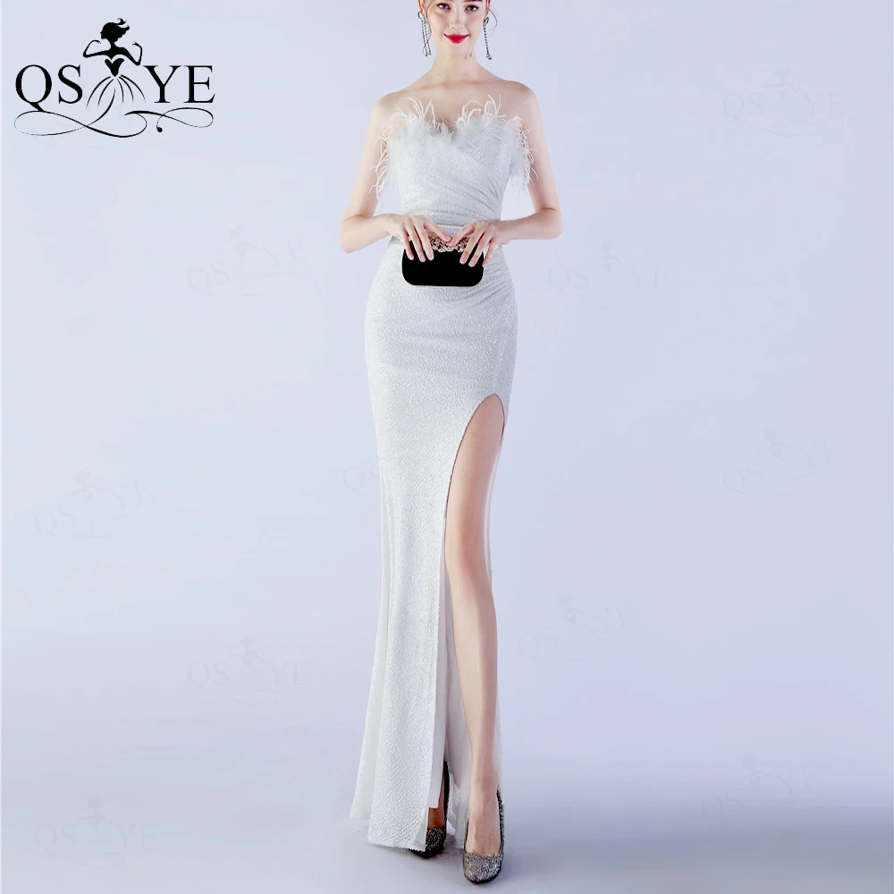 Simple White Wedding Dresses Sequined Strapless Neck Long Bridal Gown Feathers Fur Off Shoulder Split Bride Party Gown Evening
Simple White Wedding Dresses Sequined Strapless Neck Long Bridal Gown Feathers Fur Off Shoulder Split Bride Party Gown Evening