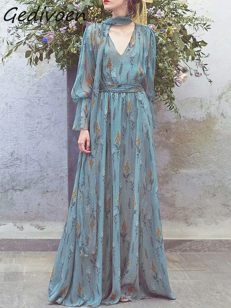 Gedivoen Summer Fashion Designer Elegant Floral Print Dress Women's Lantern Sleeve Frenulum High Elastic Waist Slim Long Dress
Gedivoen Summer Fashion Designer Elegant Floral Print Dress Women's Lantern Sleeve Frenulum High Elastic Waist Slim Long Dress