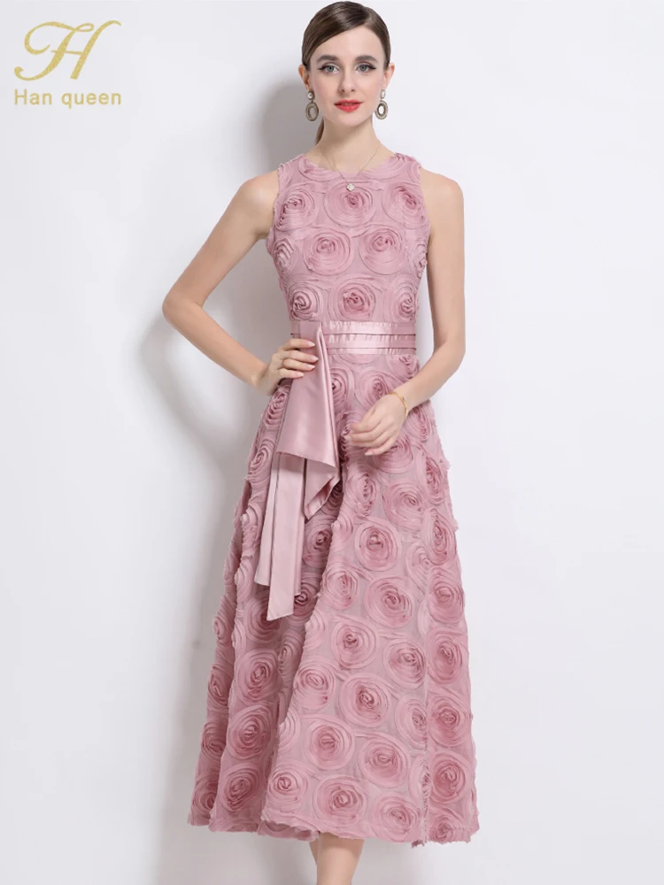 H Han Queen High Quality 3D Flower Long Dresses Women O Neck Sleeveless Summer High Waist Knee Length Fashion Evening Prom Dress
H Han Queen High Quality 3D Flower Long Dresses Women O Neck Sleeveless Summer High Waist Knee Length Fashion Evening Prom Dress
