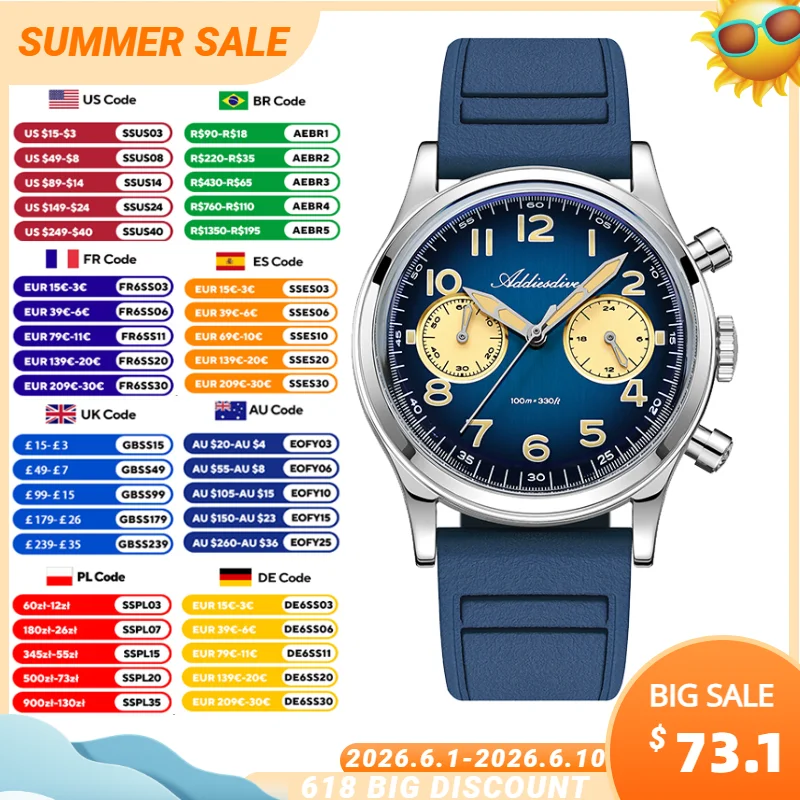 ADDIESDIVE Men's Quartz Watch 100m Waterproof Luminous Wristwatch Bubble Glass Fluororubber VK64 Chronograph Watches Male AD2516
ADDIESDIVE Men's Quartz Watch 100m Waterproof Luminous Wristwatch Bubble Glass Fluororubber VK64 Chronograph Watches Male AD2516