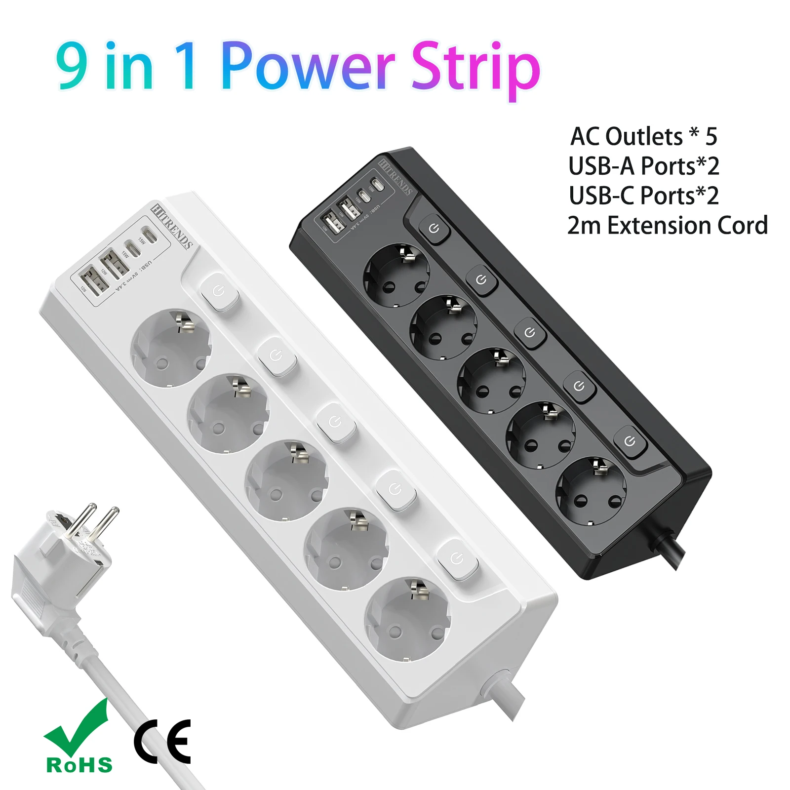 5-контактная вилка европейского стандарта. Многофункциональная розетка, удлинитель с несколькими розетками и 2 кабелями типа C длиной 2 м для смартфонов.
5-контактная вилка европейского стандарта. Многофункциональная розетка, удлинитель с несколькими розетками и 2 кабелями типа C длиной 2 м для смартфонов.