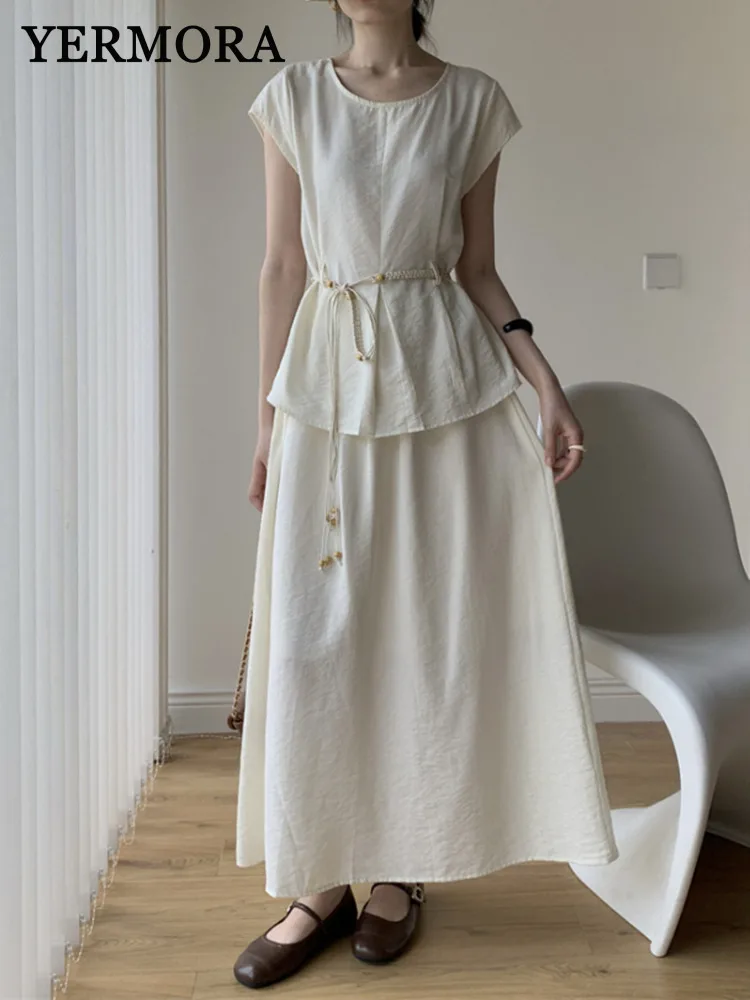 YERMORA Women Two Pieces Set Beige Pleated Belted Casual Tops Loose New Flax High Waist Skirt Fashion Tide Spring Summer 2025
YERMORA Women Two Pieces Set Beige Pleated Belted Casual Tops Loose New Flax High Waist Skirt Fashion Tide Spring Summer 2025