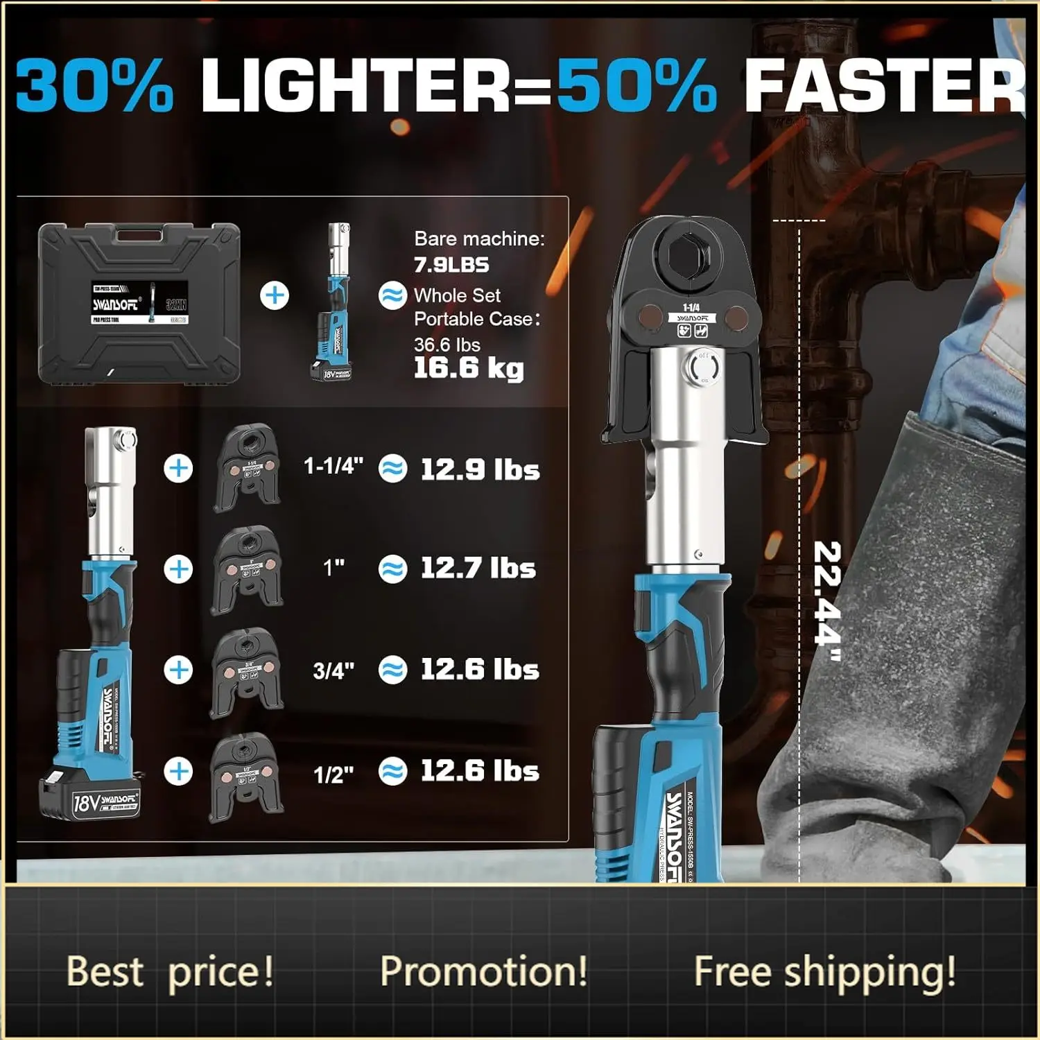 Pro Press Tool, 18V 4Ah Hydraulic Copper Crimping Tool Electric with 4 US Standard Jaws 1/2", 3/4'', 1", 1-1/4" Pro Press Copper
Pro Press Tool, 18V 4Ah Hydraulic Copper Crimping Tool Electric with 4 US Standard Jaws 1/2", 3/4'', 1", 1-1/4" Pro Press Copper