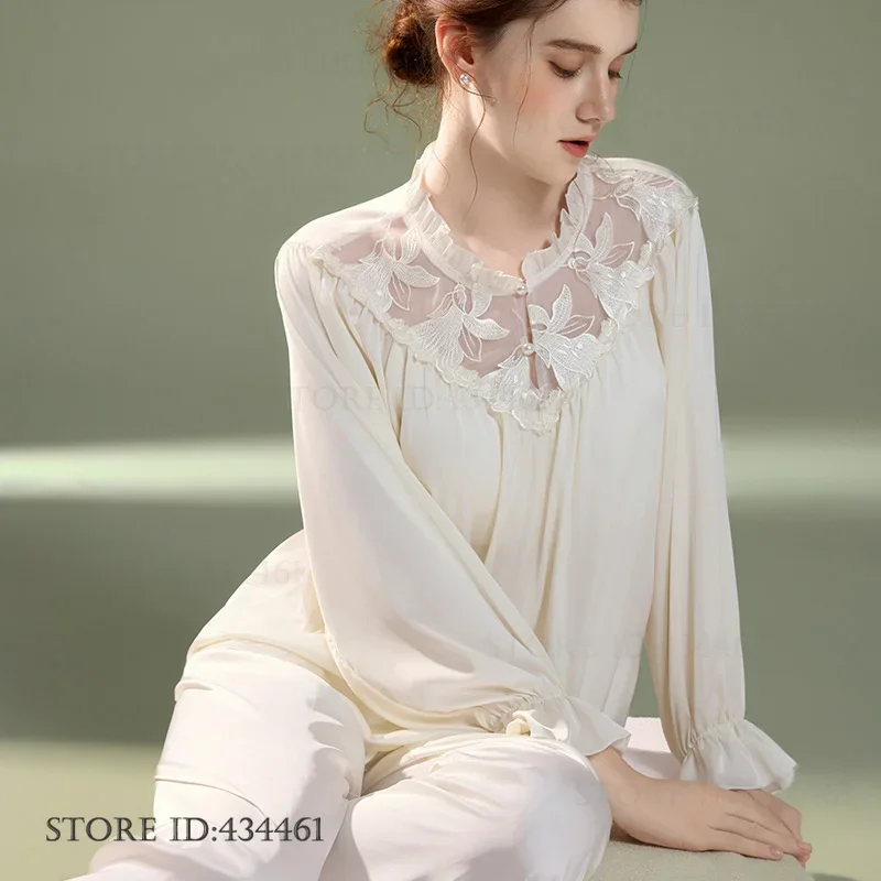 Female Pajamas 2PCS Set Spring Autumn New Sleepwear Trouser Pijamas Suit Elegant Hollow Out Lace Nightwear Homewear Loungewear
Female Pajamas 2PCS Set Spring Autumn New Sleepwear Trouser Pijamas Suit Elegant Hollow Out Lace Nightwear Homewear Loungewear