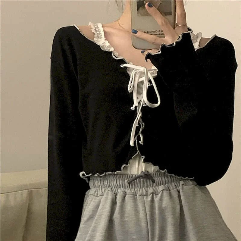 2021 T-shirt Ladies T-shirt Wavy-edge Lace-up Cardigan Top Korean Autumn Slim Short-sleeved Long-sleeved T-shirt Harajuku Kawaii
2021 T-shirt Ladies T-shirt Wavy-edge Lace-up Cardigan Top Korean Autumn Slim Short-sleeved Long-sleeved T-shirt Harajuku Kawaii