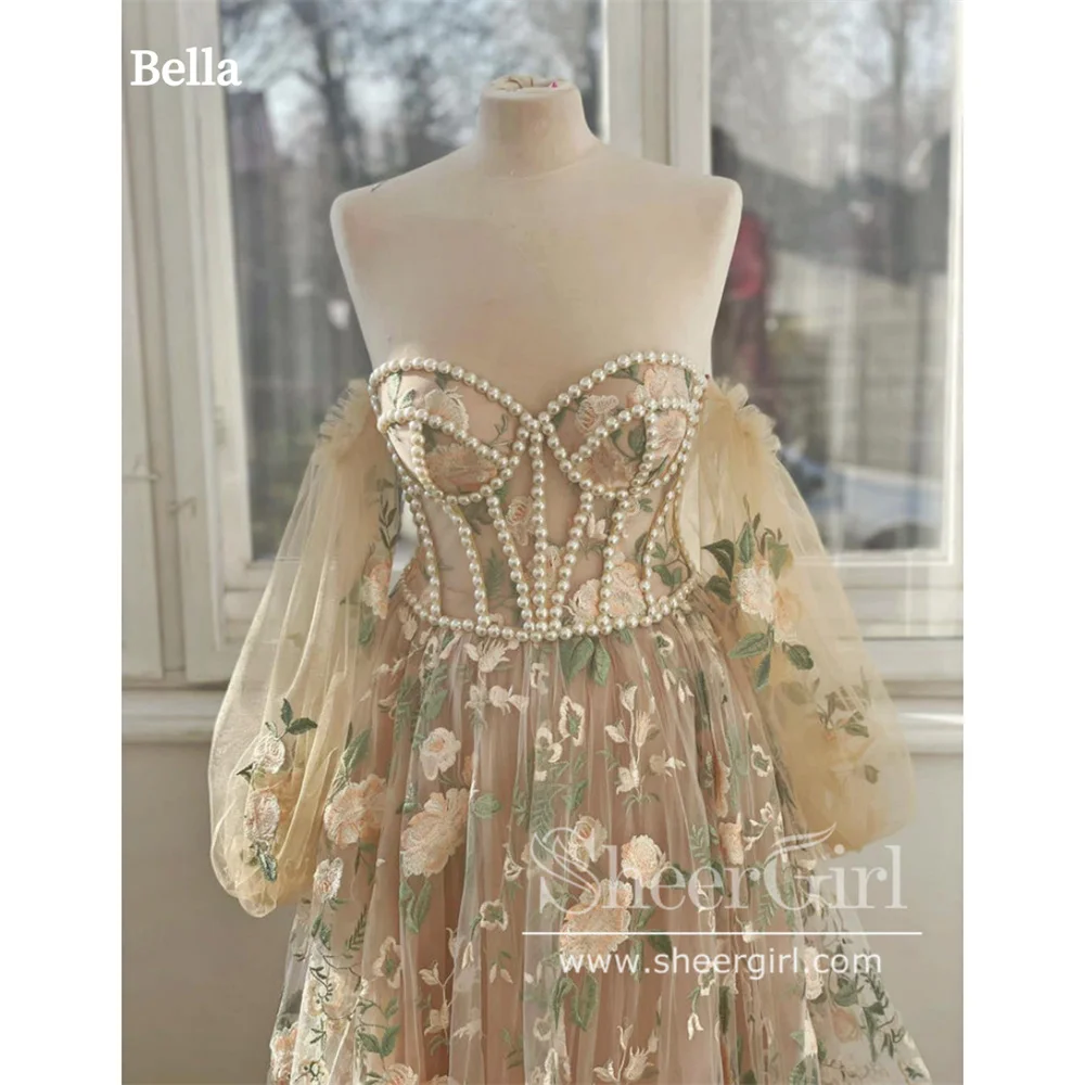 Bella Customized Pearl Fluffy robes de soirée Evening Off the Shoulder Floor-Length Dresses Formal Evening V Neck Wedding Dress
Bella Customized Pearl Fluffy robes de soirée Evening Off the Shoulder Floor-Length Dresses Formal Evening V Neck Wedding Dress