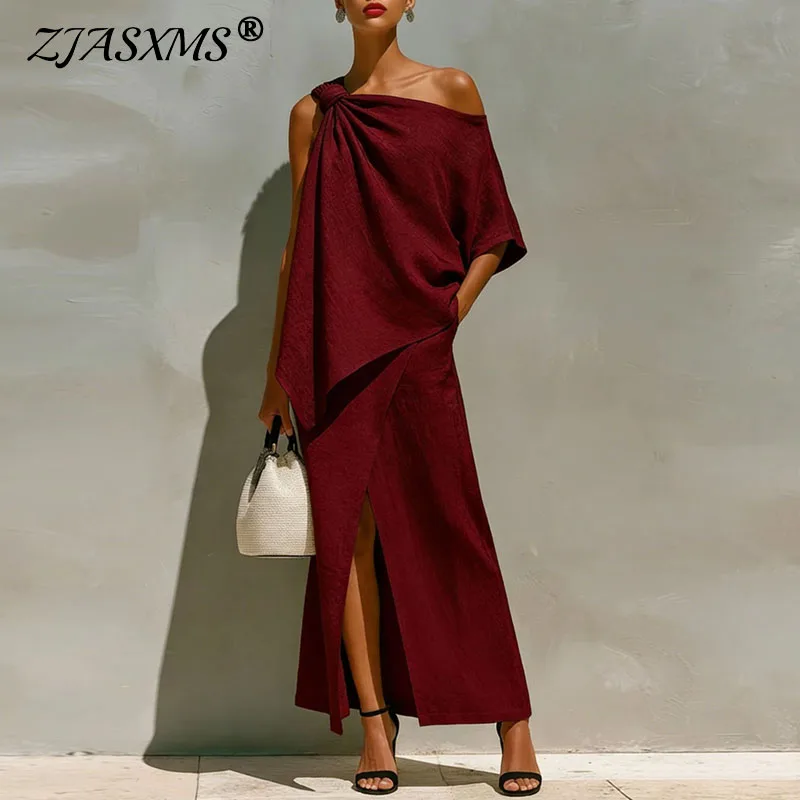 Women's Elegant Solid Two Piece Outfit One Shoulder Top + High Waist Slit Long Skirt Suits Summer Asymmetrical Hollow Party Sets
Women's Elegant Solid Two Piece Outfit One Shoulder Top + High Waist Slit Long Skirt Suits Summer Asymmetrical Hollow Party Sets