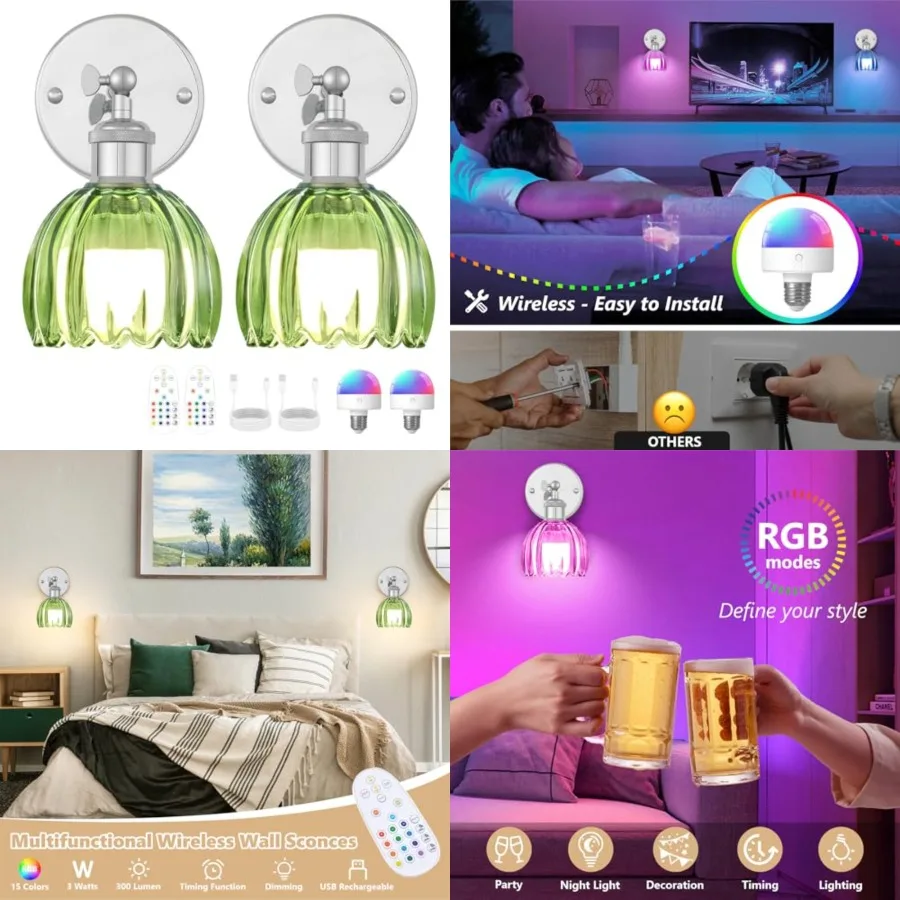 Vintage Battery Operated Wall Sconce, Green Tulip Glass Lampshade Wireless Rechargeable Battery Powered LED Wall Light with Rem
Vintage Battery Operated Wall Sconce, Green Tulip Glass Lampshade Wireless Rechargeable Battery Powered LED Wall Light with Rem