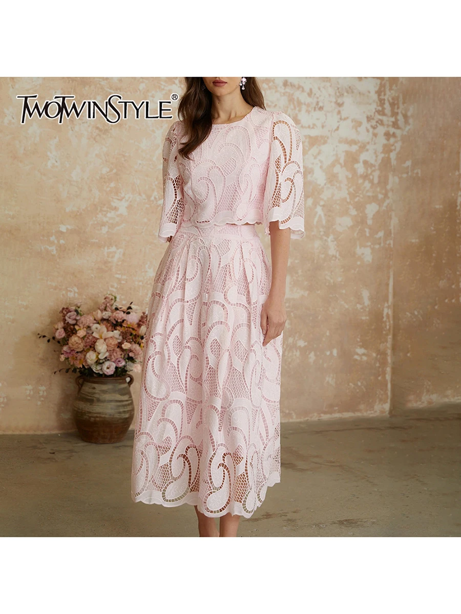 TWOTWINSTYLE Hollow Out Two Piece Sets for Women O Neck Short Sleeve Top High Waist A Line Solid Set Female Fashion Clothing New
TWOTWINSTYLE Hollow Out Two Piece Sets for Women O Neck Short Sleeve Top High Waist A Line Solid Set Female Fashion Clothing New