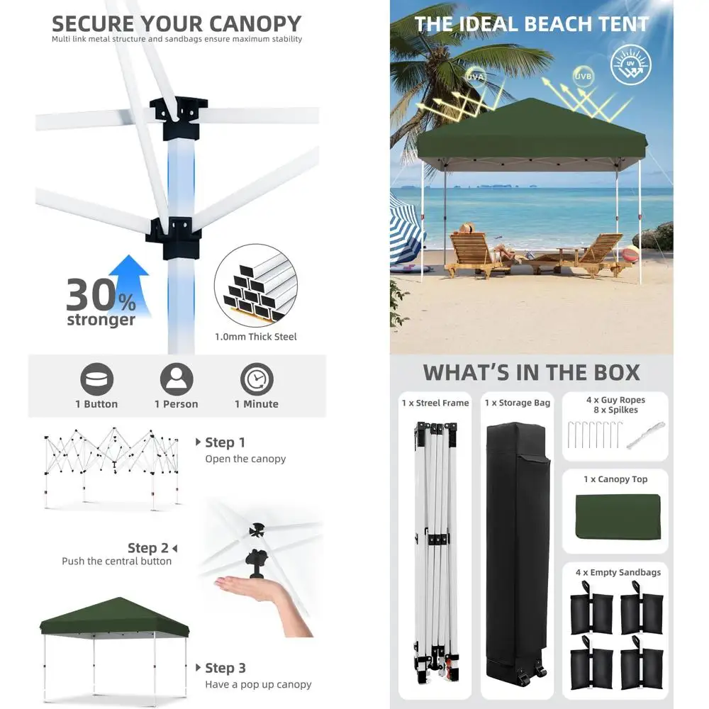 Quick Setup 10x10 Heavy-Duty Canopy with Roller Bag, Adjustable Height, Weight Bags, Stakes, and Guy Ropes, Green
Quick Setup 10x10 Heavy-Duty Canopy with Roller Bag, Adjustable Height, Weight Bags, Stakes, and Guy Ropes, Green