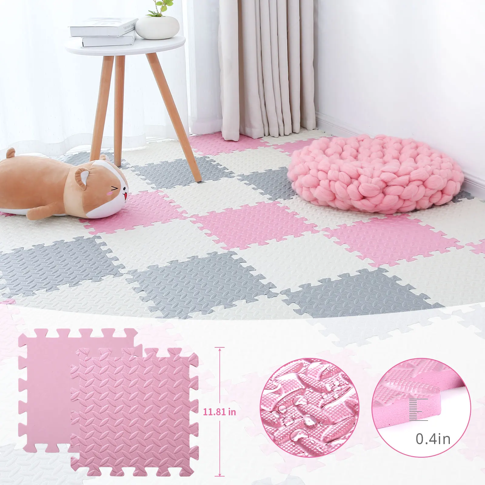 Tamiplay Thick Square Puzzle Mat 0.4 Inch/16pcs ,30*30cm EVA Foam Baby Play Mat for Children Room Activities, Pink/White/Gery
Tamiplay Thick Square Puzzle Mat 0.4 Inch/16pcs ,30*30cm EVA Foam Baby Play Mat for Children Room Activities, Pink/White/Gery
