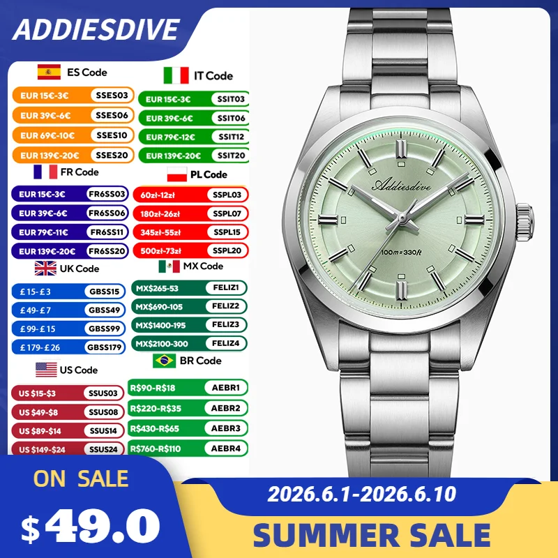 ADDIESDIVE Dress Watch Men New VH31 Quartz Wristwatch Waterproof 100m Domed Glass Luminous Stainless Steel 36mm Watch AD2515
ADDIESDIVE Dress Watch Men New VH31 Quartz Wristwatch Waterproof 100m Domed Glass Luminous Stainless Steel 36mm Watch AD2515