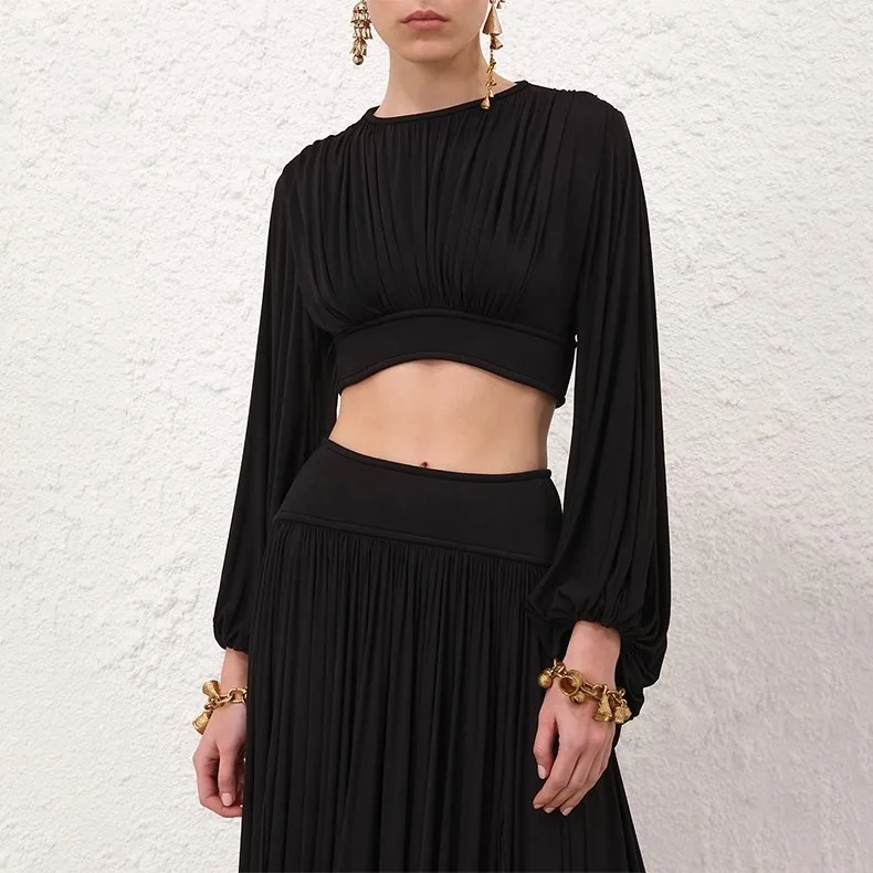 Beach Style 2025 New High Quality Black Long Sleeve Crop Top Pleats Women Midi Skirt Set Outfit
Beach Style 2025 New High Quality Black Long Sleeve Crop Top Pleats Women Midi Skirt Set Outfit