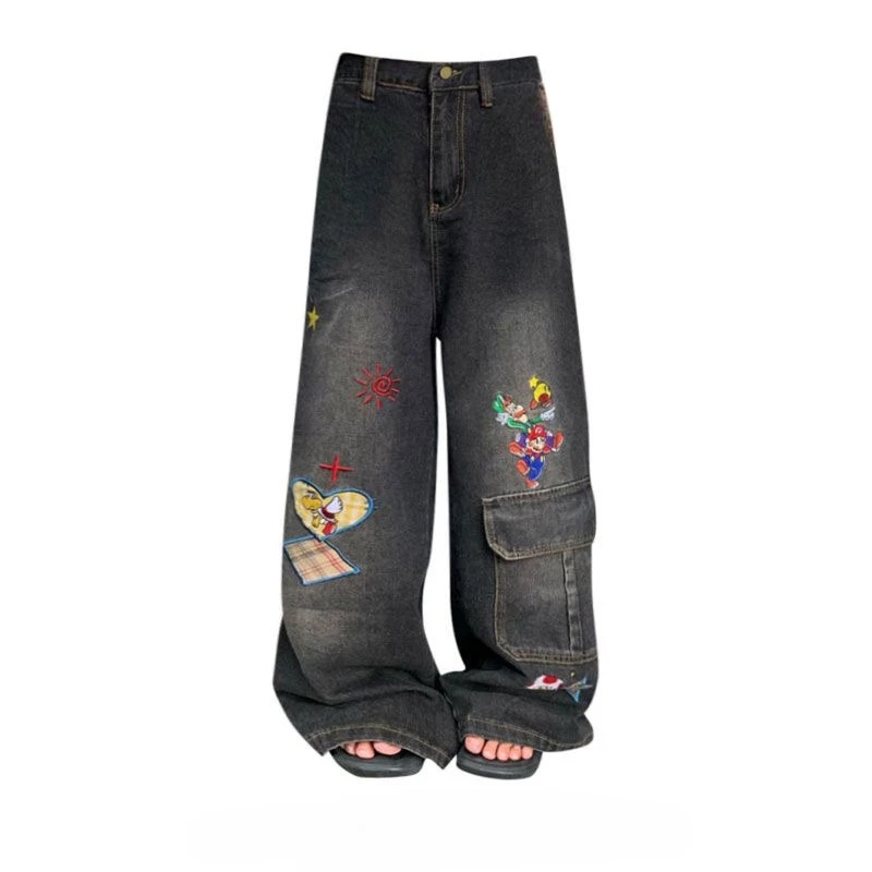 American sweet and spicy large size washed old fun embroidered sticker jeans women's loose wide-leg drape pants Y2K
American sweet and spicy large size washed old fun embroidered sticker jeans women's loose wide-leg drape pants Y2K