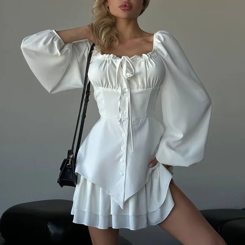 Square neck temperament puff sleeve waist folding pleated fashionable short dress fake two-piece A-line skirt club clothing Vest
Square neck temperament puff sleeve waist folding pleated fashionable short dress fake two-piece A-line skirt club clothing Vest