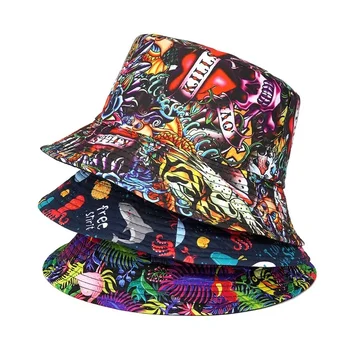 여름 태양 보호 버킷 모자 남성 여성 파나마 모자 프린트 힙합 Gorros 낚시 어부 모자, 양면 착용 패션