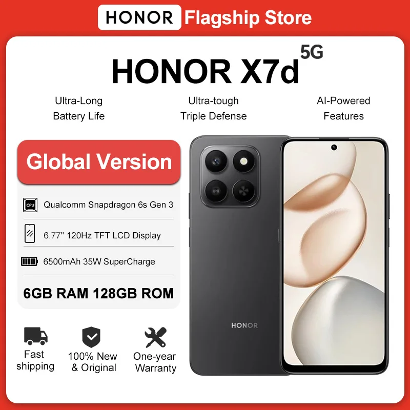 Global Version HONOR X7d 5G Smartphone 6.77'' 120Hz TFT LCD Display 6500mAh Battery 35W Fast Charging Supports Instant AI Button
Global Version HONOR X7d 5G Smartphone 6.77'' 120Hz TFT LCD Display 6500mAh Battery 35W Fast Charging Supports Instant AI Button