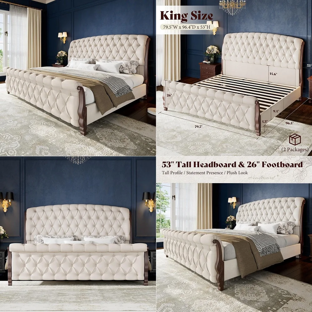 Upholstered King Bed Frame, 53 Tall Sleigh Bed with Button Tufted Chenille Headboard and Footboard, Platform Bed with Carved So
Upholstered King Bed Frame, 53 Tall Sleigh Bed with Button Tufted Chenille Headboard and Footboard, Platform Bed with Carved So