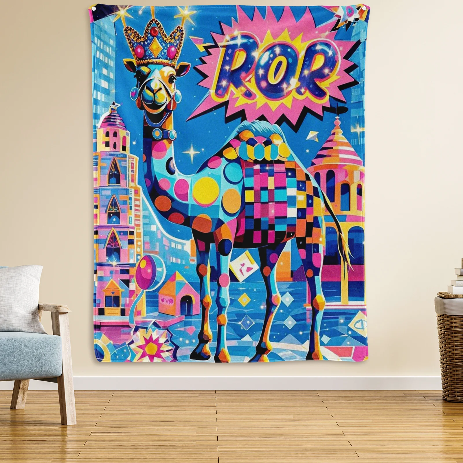 Abstract Pop Art Tapestry Blanket Featuring Camel Geometric Blocks Neon Halo And Polka Dots For Vibrant Modern Home Decor Style
Abstract Pop Art Tapestry Blanket Featuring Camel Geometric Blocks Neon Halo And Polka Dots For Vibrant Modern Home Decor Style