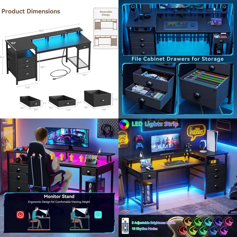 Игровой стол черного цвета с 4 ящиками, LED-подсветкой, USB-портами и тканевым шкафчиком для документов, для домашнего офиса или спальни
Игровой стол черного цвета с 4 ящиками, LED-подсветкой, USB-портами и тканевым шкафчиком для документов, для домашнего офиса или спальни