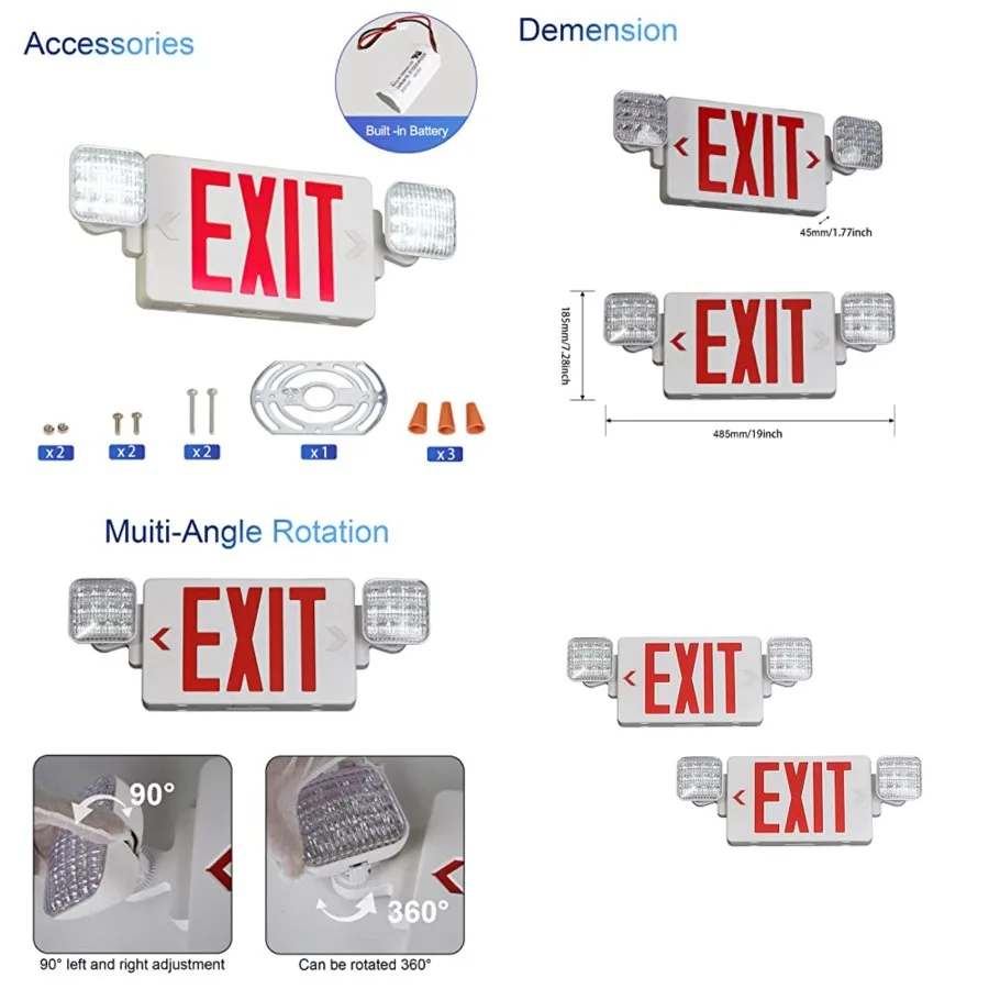 Exit Sign with Emergency Lights Red, LED Emergency Exit Light with Battery Backup, UL 924 Certified, AC 120/277V, Commercial Em
Exit Sign with Emergency Lights Red, LED Emergency Exit Light with Battery Backup, UL 924 Certified, AC 120/277V, Commercial Em