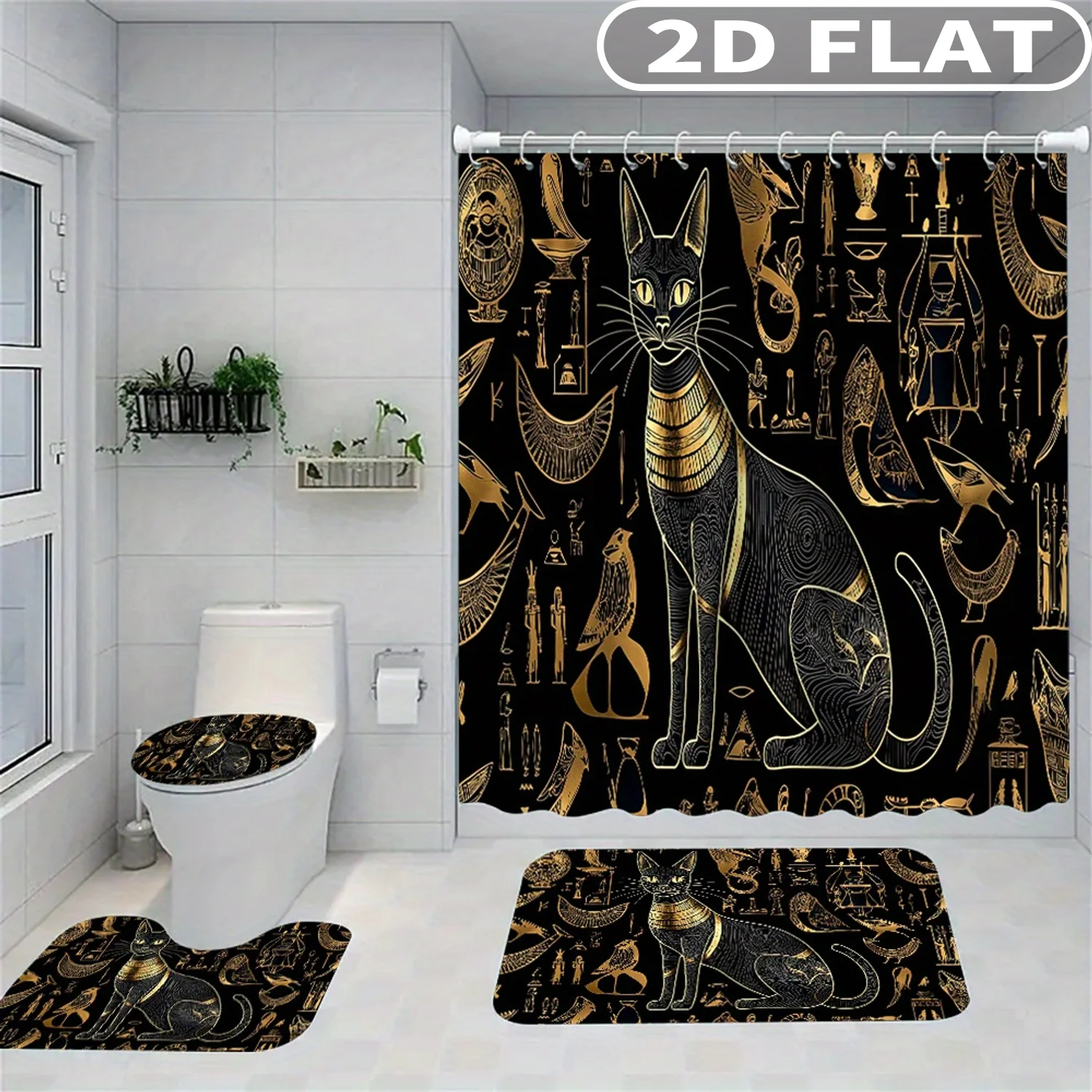 1pc/ 4pcs 2D FLAT Egyptian Cat Hieroglyphics Pattern Pattern Shower Curtain Set, Accessories with Bath Mat, U-shaped Mat, Toile
1pc/ 4pcs 2D FLAT Egyptian Cat Hieroglyphics Pattern Pattern Shower Curtain Set, Accessories with Bath Mat, U-shaped Mat, Toile