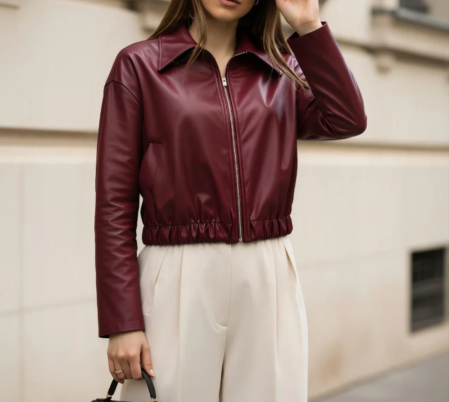 New Autumn and Winter Style Red Leather Jacket with A Fitted Collar and Zipper. Handsome Motorcycle Style Women's Leather Jacket
New Autumn and Winter Style Red Leather Jacket with A Fitted Collar and Zipper. Handsome Motorcycle Style Women's Leather Jacket