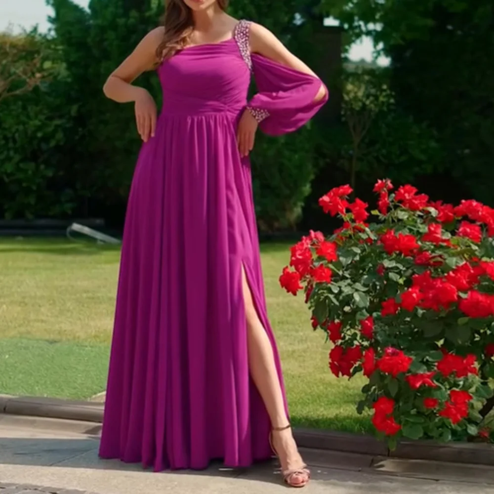 Customized A-Line Prom Dresses Floor-length One-Shoulder Full Sleeve Evening Gown Fashion Crystal Simple Draped Party Gown
Customized A-Line Prom Dresses Floor-length One-Shoulder Full Sleeve Evening Gown Fashion Crystal Simple Draped Party Gown