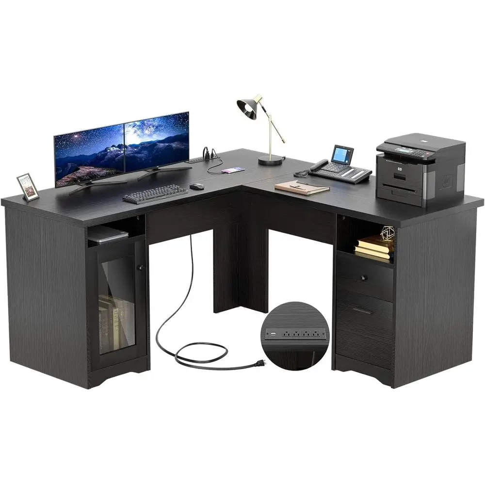 60 Inch L-Shaped Office Desk with Power Outlet, USB Ports, and Storage Cabinet for 2 People
60 Inch L-Shaped Office Desk with Power Outlet, USB Ports, and Storage Cabinet for 2 People