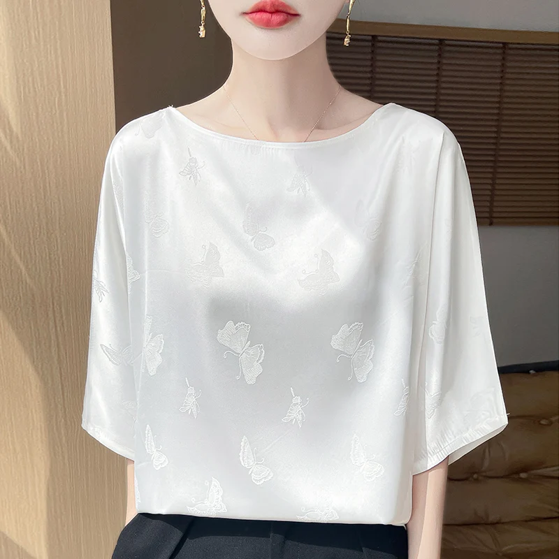 Summer Chinese Style Satin Silk Women's Short Sleeve T-shirt Jacquard Round Neck Acetate Loose Female Tee Basic Tops Blouse
Summer Chinese Style Satin Silk Women's Short Sleeve T-shirt Jacquard Round Neck Acetate Loose Female Tee Basic Tops Blouse