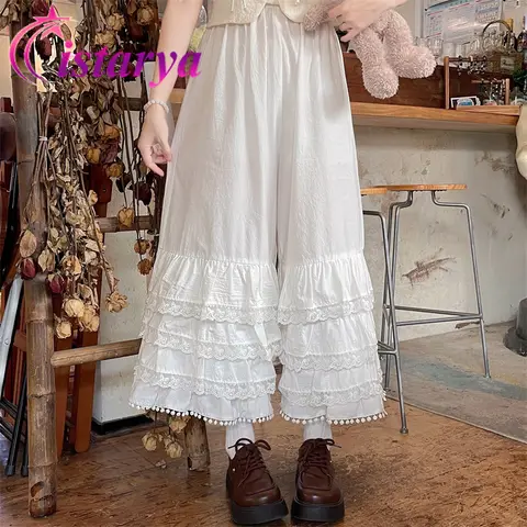 Pantalones japoneses de cintura alta Kawaii para mujer, pantalones de pierna ancha de encaje con volantes, pantalones holgados y bonitos Harajuku Y2k para niñas