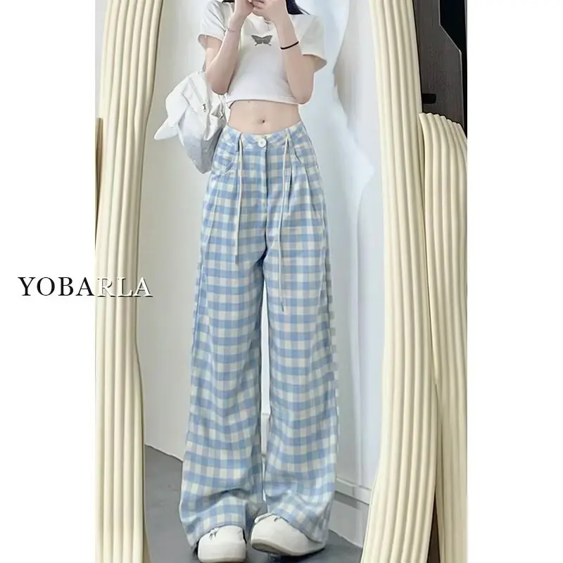 Blue Casual Plaid Pants 2025Spring Summer High Waist Wide Leg Straight Thin Trousers Chic Korean Style Women Loose Pants
Blue Casual Plaid Pants 2025Spring Summer High Waist Wide Leg Straight Thin Trousers Chic Korean Style Women Loose Pants