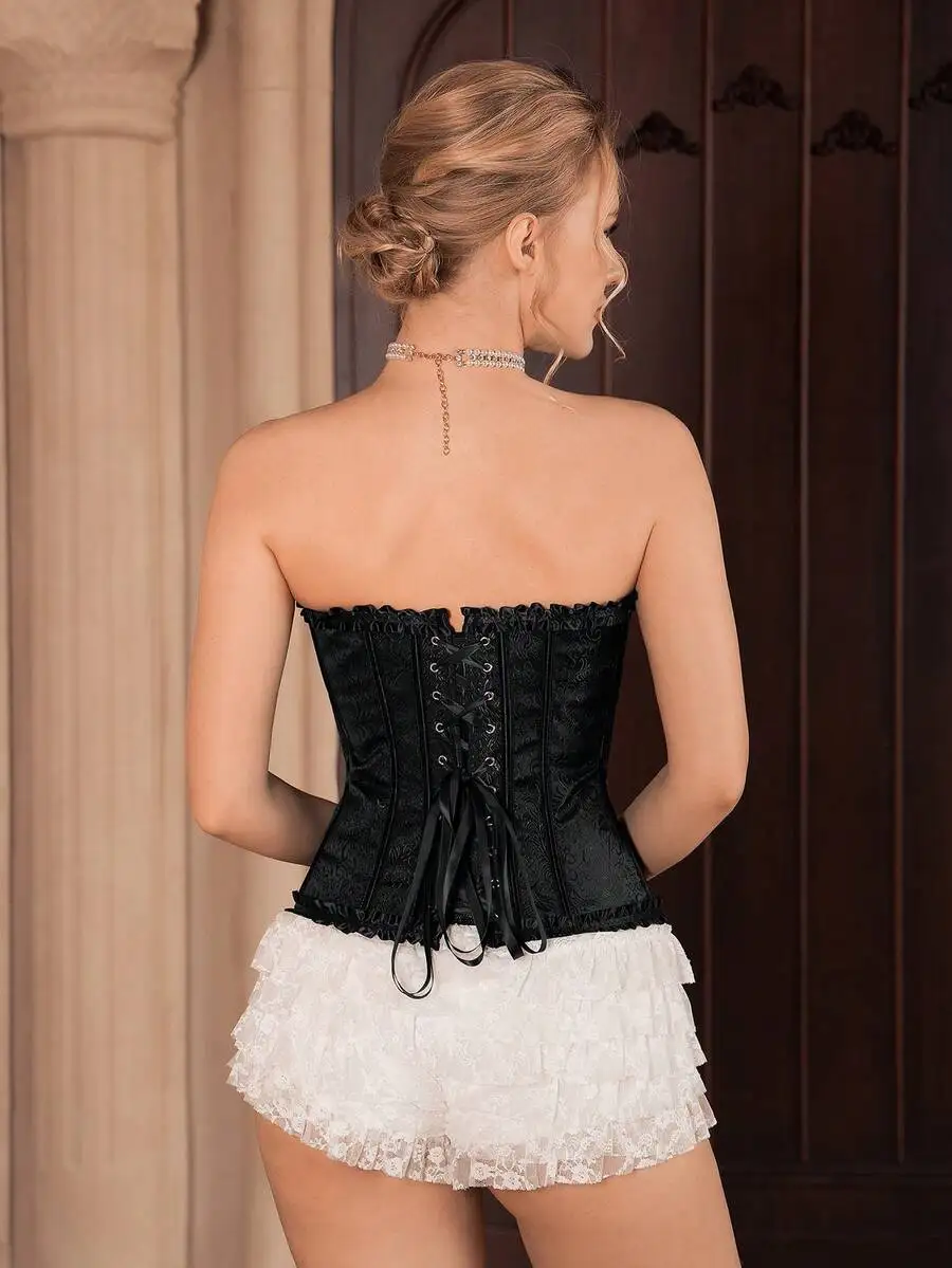 Womens Black Jacquard Lace Corset Top With Ruffled Hem For Evening Party
Womens Black Jacquard Lace Corset Top With Ruffled Hem For Evening Party